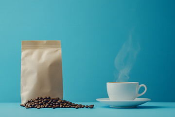 a steaming cup of coffee next to a freshly opened bag of coffee beans - perhaps with a scoop or spoon nearby blue background
