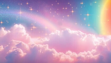 ethereal pastel dreamscape with pink clouds, rainbow light, and glowing stars for fantasy art, background, and design
