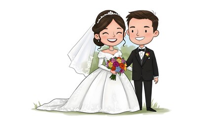 Cute Cartoon Wedding Illustration of a Smiling Bride and Groom