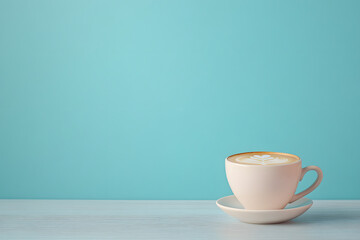 a cup of coffee with intricate latte art - sitting on a rustic wooden table blue background