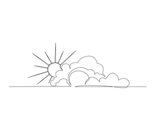 Continuous one line drawing of clouds and sun design. Sky clouds with sun in single line draw illustration. Editable stroke.
