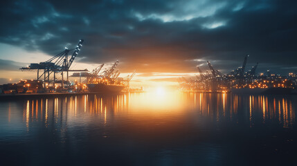 Obraz premium Container truck in ship port for business Logistics and transportation of Container Cargo ship and Cargo plane with working crane bridge in shipyard at sunrise, logistic import export and transport