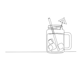 Continuous one line drawing of fresh juice on the glass. Healthy juice with garnish in single line draw illustration. Editable stroke.