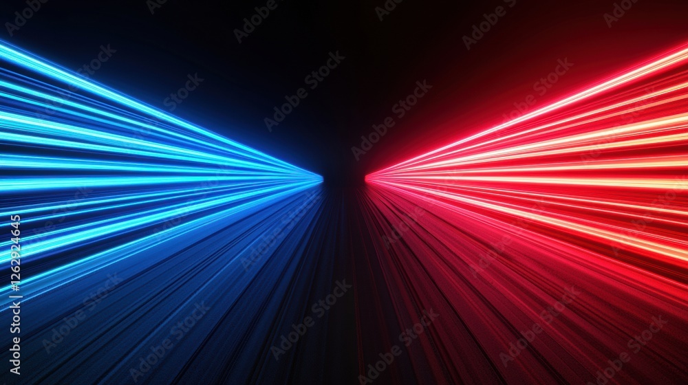 Poster symmetrical composition featuring red and blue light trails on a black background, creating a high-s
