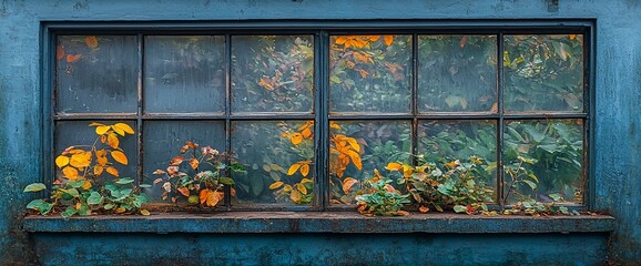 Autumn leaves viewed through a rustic window