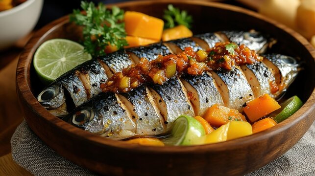 A bowl of Indonesian ikan gurami with spicy sambal and vegetables, served in a traditional wooden bowl with lime