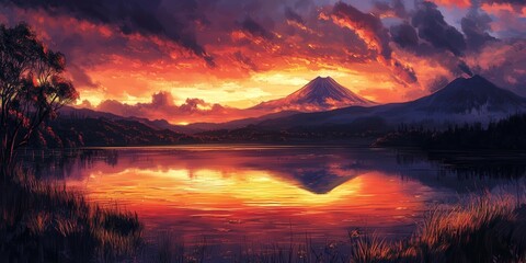 fiery tones of the sunset, while the silhouettes of distant volcanoes create a stunning natural panorama
