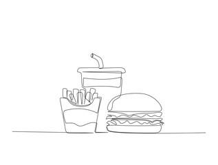 Continuous one line drawing of Fastfood - burger, frenchfries and softdrink. Fastfood in single line draw illustration. Editable stroke.