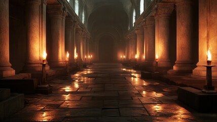 A dimly lit corridor lined with ancient columns, glowing candles, and reflections on the stone floor, creating a mysterious, atmospheric ambiance.