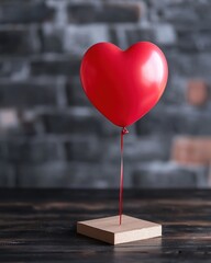 A red heart-shaped balloon stands on a wooden base against a blurred gray backdrop, symbolizing love and celebration.