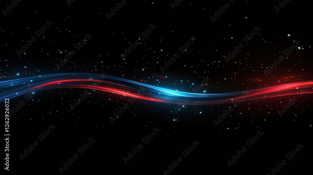 Poster Dynamic red and blue light streaks create a fast motion blur effect on a black background, evoking speed and futuristic digital art