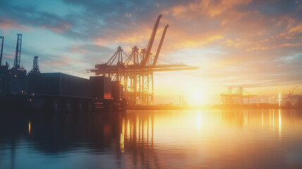 Obraz premium Container truck in ship port for business Logistics and transportation of Container Cargo ship and Cargo plane with working crane bridge in shipyard at sunrise, logistic import export and transport