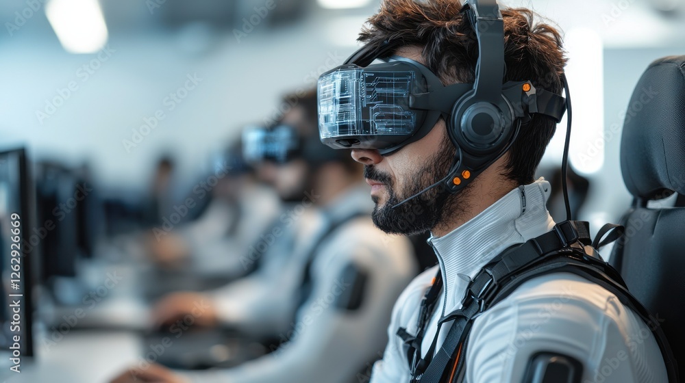 Poster a team of robotic engineers utilizing cutting edge holographic technology to collaborate and innovat