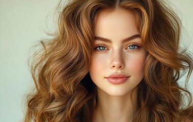 Fototapeta premium Portrait of Beautiful Smiling Woman with Long Curly Hair and Red Nails in High-Fashion Style