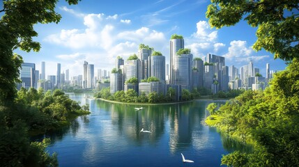 Obraz premium Eco-friendly futuristic city skyline on a lake, surrounded by lush greenery.