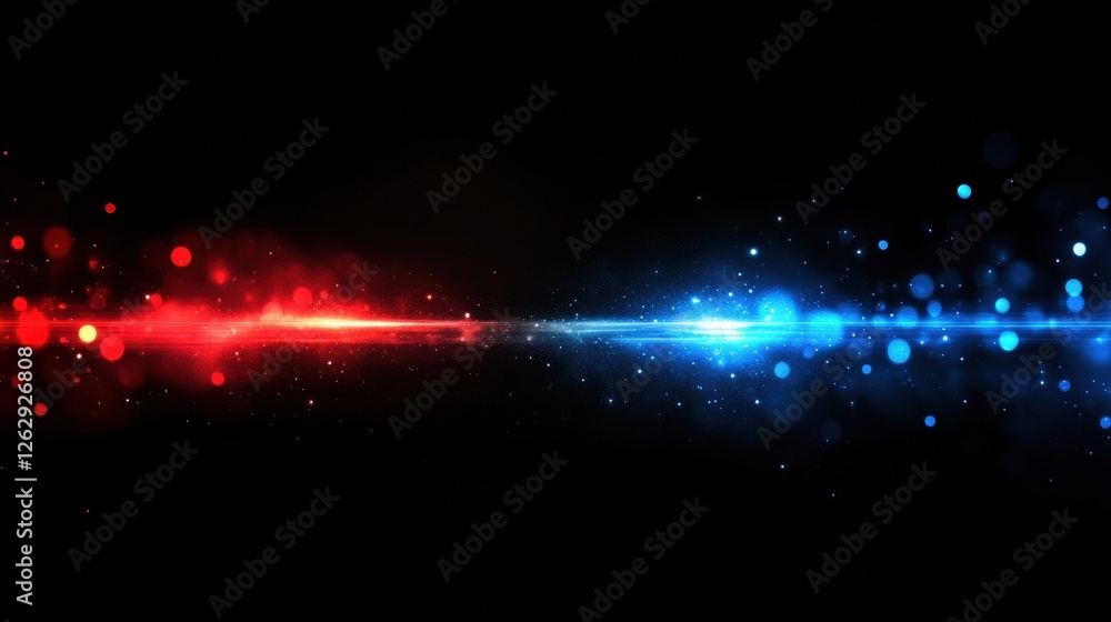 Poster red and blue light streaks create a fast motion blur effect on a black background, evoking speed and