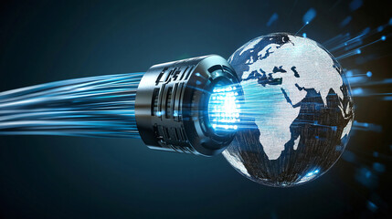 A close-up of a fiber optic cable transmitting light signals across the globe, in a darkened environment