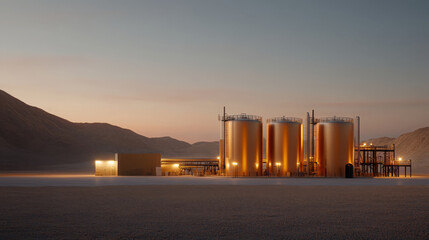 dramatic shot of oil refinery plant located in desert landscape, showcasing large storage tanks illuminated by warm lights during sunset. serene atmosphere contrasts with industrial elements
