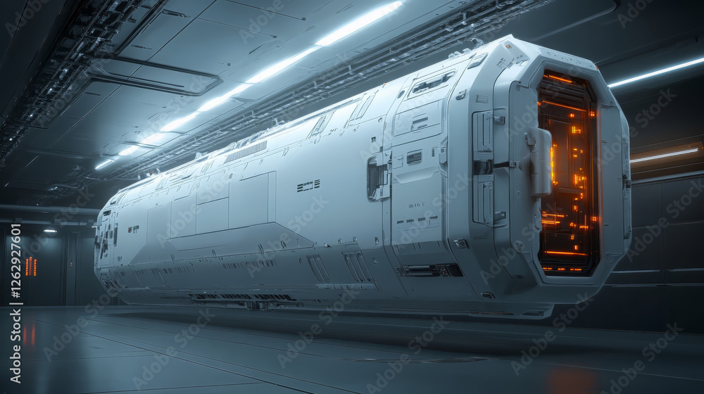 Poster futuristic sci fi spaceship with sleek design and glowing orange accents, suspended in high tech env