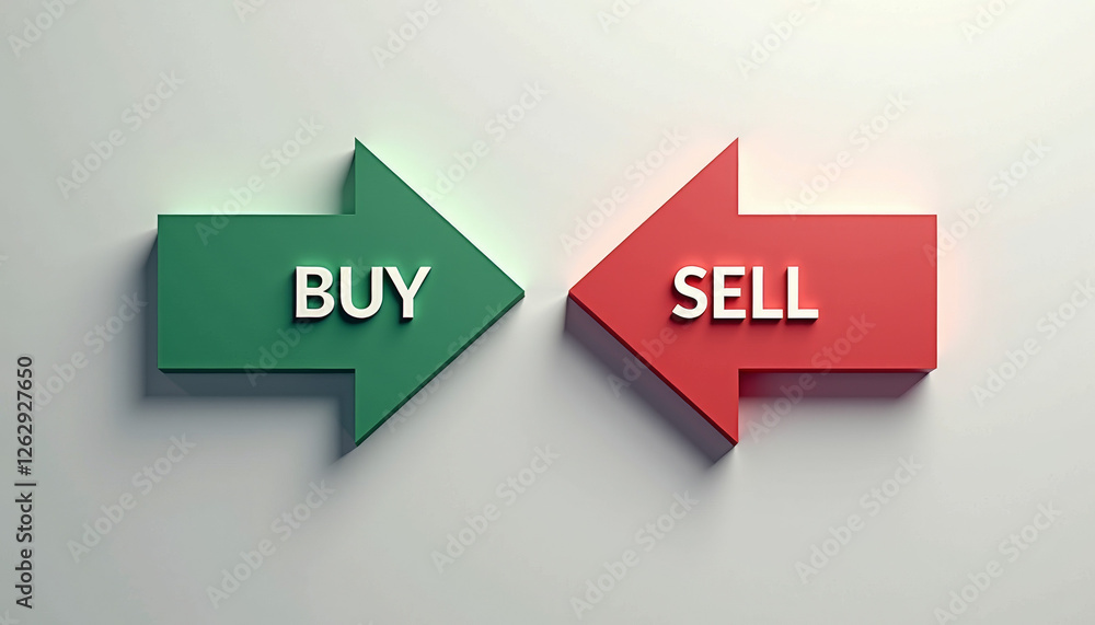 Poster clean and sharp imagery of abstract green and red arrows labeled buy and sell on a plain gray backgr
