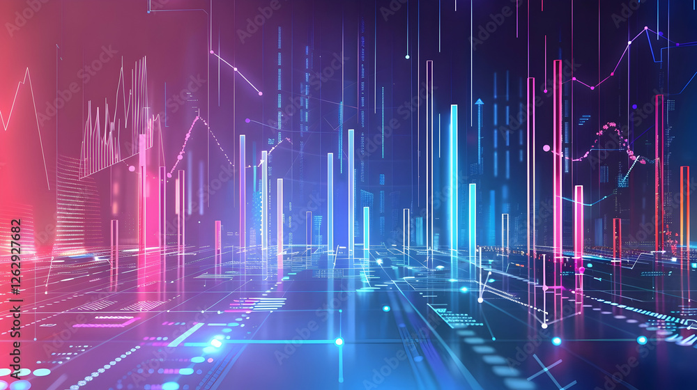 Poster abstract digital landscape with vibrant data visualization and futuristic technology elements