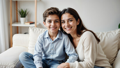 Fototapeta premium Mother and son smiling while sitting on a couch against a cozy living room background.