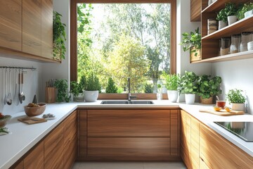 Bright and modern kitchen with abundant greenery and natural light in a serene outdoor setting