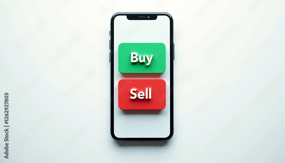 Poster clean and vibrant design of green buy and red sell buttons on a smartphone trading app against a pla