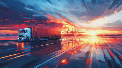 Container truck in ship port for business Logistics and transportation of Container Cargo ship and Cargo plane with working crane bridge in shipyard at sunrise, logistic import export and transport