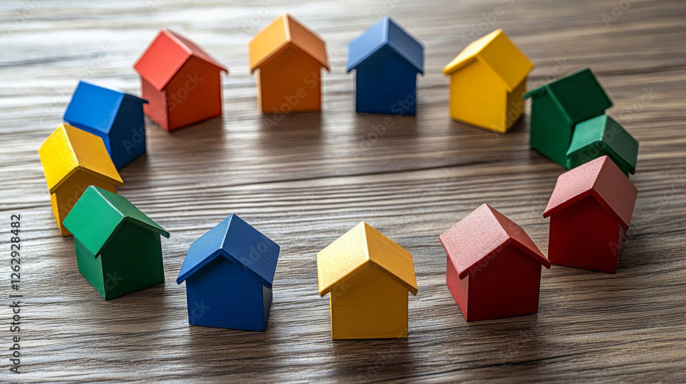 Poster colorful miniature house models arranged in circular pattern on wooden surface, creating vibrant and