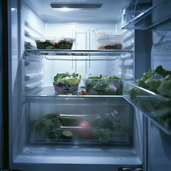 A close-up shot inside a cluttered fridge, a forgotten wilted salad and a lonely yogurt container amongst empty shelves.