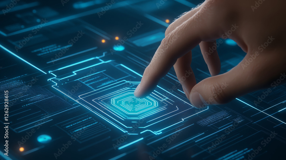 Poster hand gently pressing touch sensitive interface, showcasing advanced technology and digital interacti