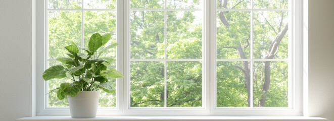 potted green plant sits on windowsill with bright view of lush green trees outside, creating serene and refreshing atmosphere