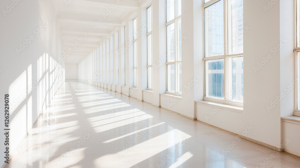 Aufkleber bright sunlight streams through large windows in long, empty corridor with white walls and polished 