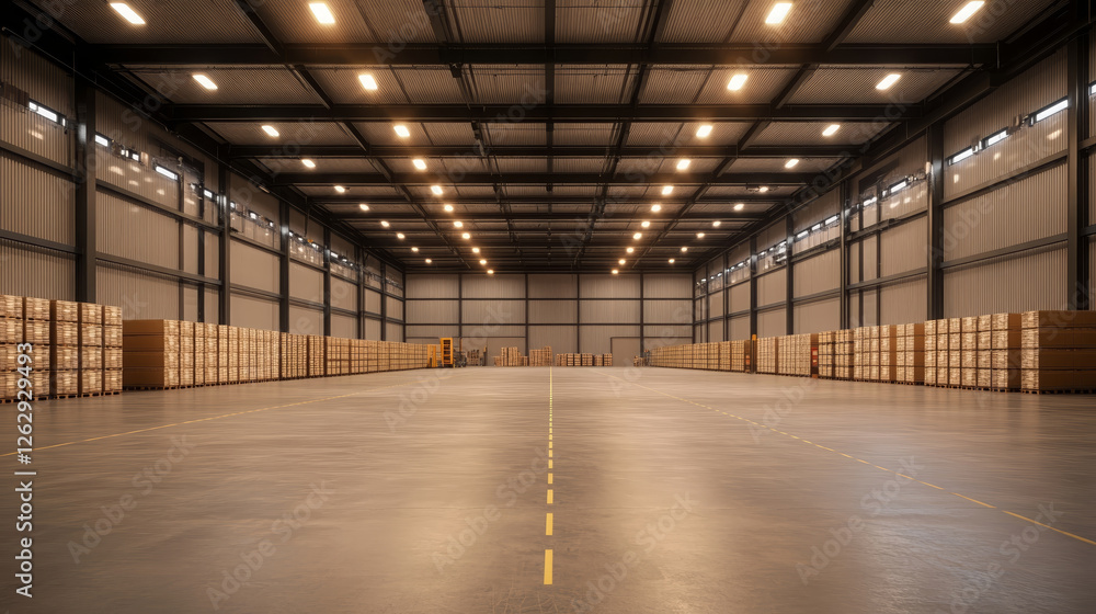 Aufkleber spacious high tech warehouse interior with organized storage, featuring stacked boxes along walls an