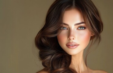 Fototapeta premium Elegant woman with luxurious hair in trendy jewelry and natural makeup showcasing beauty and style