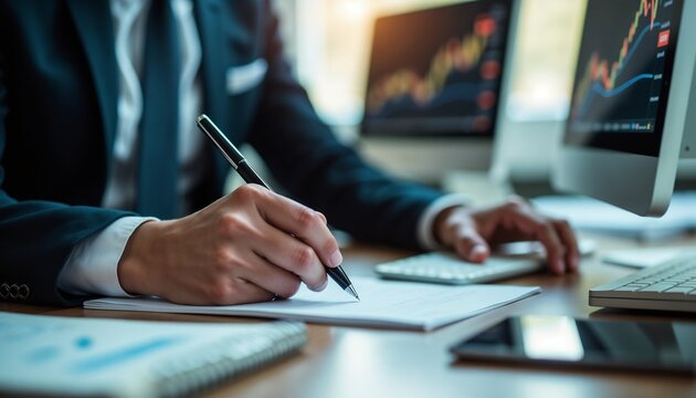 High-detail professional image of a stock broker writing notes while analyzing stock trends on a computer