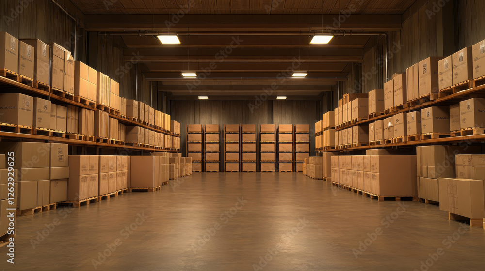 Poster large scale modern warehouse filled with neatly stacked crates and boxes, showcasing organized stora
