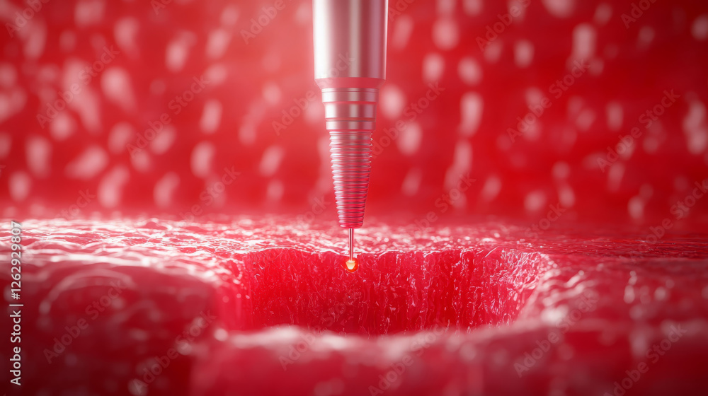 Poster macro image showcasing detailed process of laser cutting on textured surface, highlighting precision
