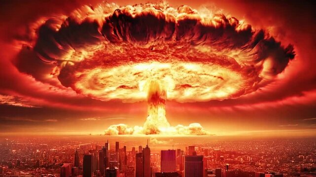Explosive nuclear event over a city skyline creates a dramatic atmosphere at dusk