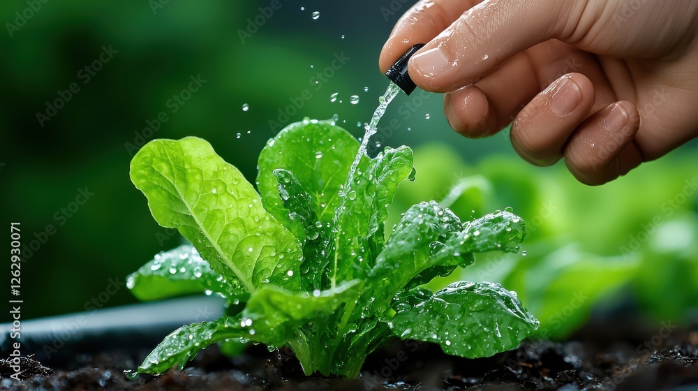 Poster close up photography capturing the intricate details of an automated watering system spraying water 