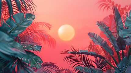 Serene sunset over lush tropical foliage with vibrant colors and soft background ambiance