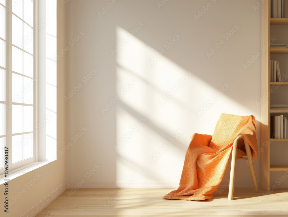 Aufkleber minimalist room with sunlight streaming through large window, featuring wooden chair draped with ora
