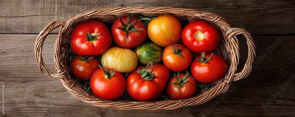Poster assortment of ripe and colorful heirloom tomatoes of various shapes and sizes artfully arranged in a