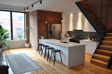 Modern kitchen with exposed brick walls and wooden accents in a cozy apartment