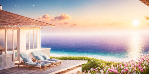 Fototapeta premium Tranquil Sunset Ocean View from Beach House Deck