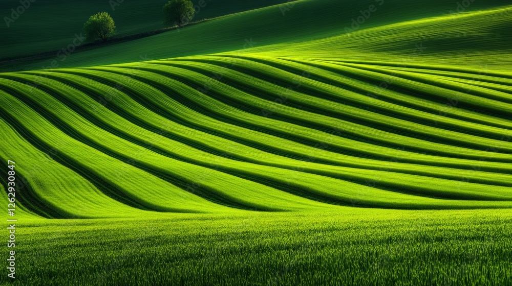 Poster Gentle slopes of vibrant green crops create mesmerizing wavy patterns resembling a natural amphitheater under soft sunlight, with distant trees adding contrast
