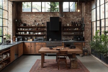 Modern rustic kitchen design featuring an open layout with natural light and wooden elements