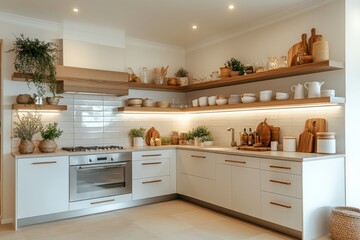 Modern minimalist kitchen design featuring wooden accents and ample storage in a bright, inviting space