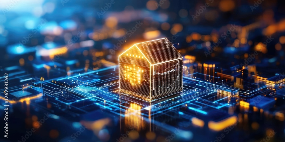 Poster conceptual image of a glowing blockchain ledger surrounded by diverse assets like real estate and stocks, highlighting tokenization and investment strategies